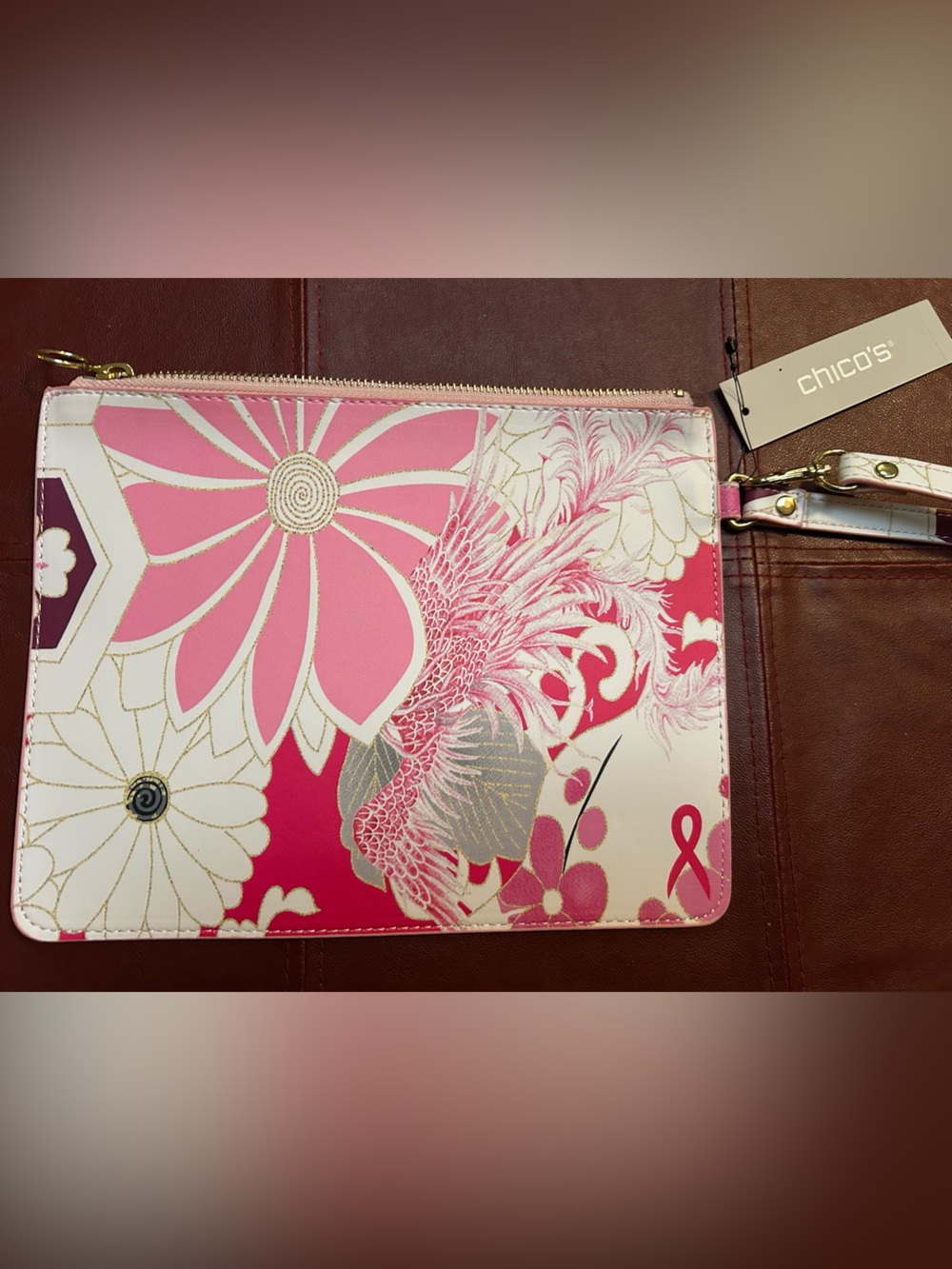 CHICO’s Pink & Gold Floral Print clutch, 7.5 x 9.5” w/strap, orig $39.50 new!!